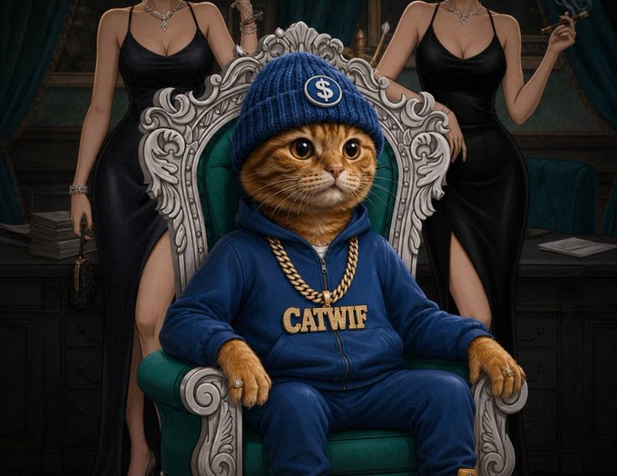 A digital artwork of an orange tabby cat wearing a blue tracksuit, gold chain with 'CATWIF' pendant, and dollar-sign beanie, seated on an ornate throne flanked by two women in black dresses.