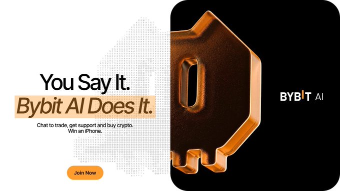 An advertisement for "Bybit AI" featuring the text "You Say It. Bybit AI Does It. Chat to trade, get support and buy crypto. Win an iPhone." next to a 3D rendered orange Bitcoin symbol.