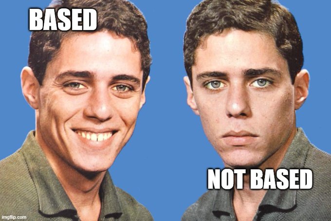 A two-panel meme showing the same man with contrasting expressions; on the left he is smiling with the text "BASED", and on the right he has a neutral expression with the text "NOT BASED".