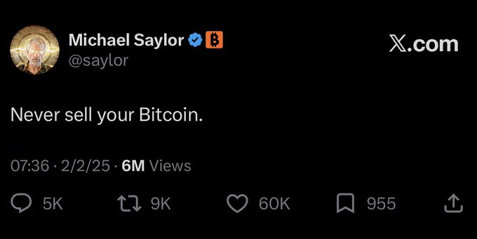 A screenshot of a tweet from Michael Saylor (@saylor) reading "Never sell your Bitcoin," posted on 2/2/25 with 6M views, 60K likes, and 9K reposts—reinforcing the accompanying caption about Bitcoin holders searching for reasons to justify selling.