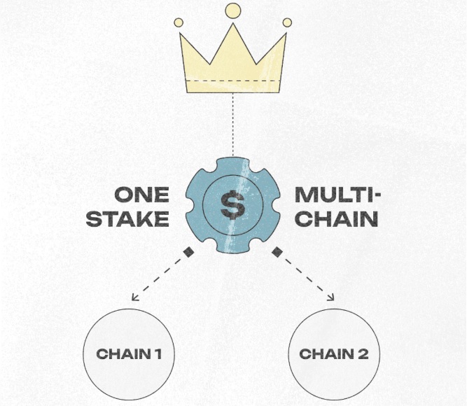 A diagram illustrating a "One Stake, Multi-Chain" model, featuring a crown above a gear with a dollar sign connected to "Chain 1" and "Chain 2" below, symbolizing how a single stake can provide security across multiple blockchains.

The image visually reinforces the caption's explanation of Canopy's (CNPY) restaking model—where a single staked asset (the dollar-signed gear) extends its security services to multiple chains (Chain 1 and Chain 2) without requiring each new chain to bootstrap its own stake, with the crown representing the validator social consensus that enables this capital-efficient approach.