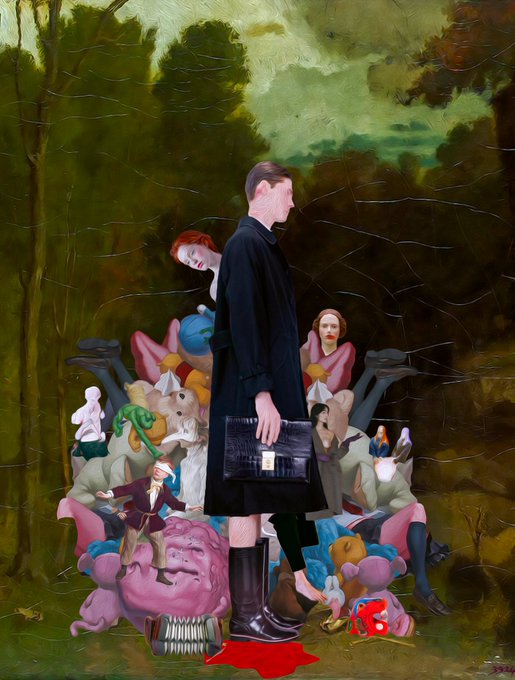 Painting of a figure in a dark coat holding a briefcase, surrounded by scattered figures and objects in a forest setting.