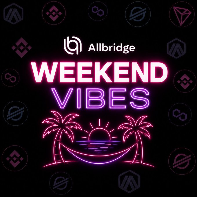 A neon-styled 'Weekend Vibes' promotional graphic featuring Allbridge branding, with pink and purple illuminated text alongside palm trees, a sunset, and a hammock against a black background dotted with cryptocurrency logos.