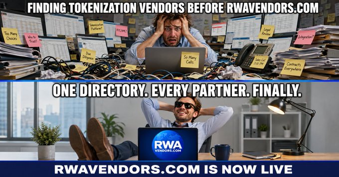 A split-screen promotional graphic contrasting the frustration of finding tokenization vendors in a chaotic workspace (top) with the relief of using RWA Vendors.com's organized directory (bottom). The image features headlines "FINDING TOKENIZATION VENDORS BEFORE RWAVENDORS.COM" and "ONE DIRECTORY. EVERY PARTNER. FINALLY," with visible sticky notes labeling challenges like "Too Many Choices," "Compliance," "Legal Review," "Integration," and "Contracts Everywhere," culminating in the announcement "RWAVENDORS.COM IS NOW LIVE."