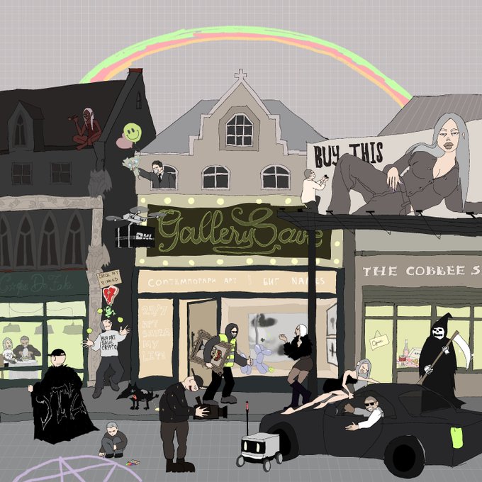 A dark, gothic-themed digital illustration of a whimsical street scene with a rainbow overhead, featuring various eccentric characters including a grim reaper, vampires, a nun, and figures in front of shops labeled 'GallerySaw' and 'THE COFFEE SHOP', along with a billboard reading 'BUY THIS'.