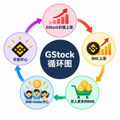The image is a circular "GStock循环图" (GStock Cycle Diagram) showing a five-step bullish loop: start with "BNB Holder开心" (BNB Holder happy), then "买入更多的BNB" (buy more BNB), followed by "BNC上涨" (BNC rises), then "GStock价格上涨" (GStock price rises), and back to "币安开心" (Binance happy). The diagram visually reinforces the post's claim of a self-sustaining price pump cycle tied to BNB holders and BNC/GStock price appreciation.