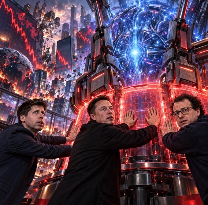 Three men resembling Sam Altman, Elon Musk, and Dario Amodei push together against a massive, glowing red-and-blue AI core as a burning city skyline crumbles behind them, symbolizing the AI leaders attempting to contain an out-of-control superintelligence amid fears of a looming Monday market crash.