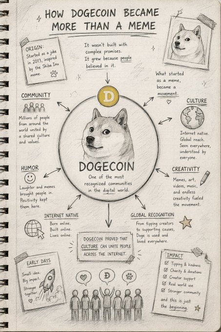 The image features a detailed cartoon drawing that explains the journey of Dogecoin from its early days as a meme to its current status as one of the most recognizable cryptocurrencies in the digital world. It illustrates this process using various elements such as a DOGE coin, people with funny faces, and symbols representing different aspects of cryptocurrency development and usage. The post accompanying the image states that the Dogecoin community has been built over a decade to enable users to move value, reward creators, support causes, and bring people together through the use of this unique digital currency.