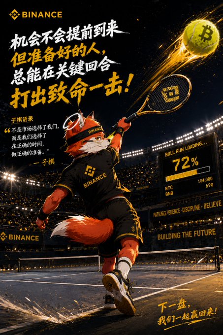 The image features a cartoon illustration of a person playing tennis, with a tennis ball flying through the air above them as they swing their racket at the ball. The background shows a stadium filled with spectators watching the game. The poster also includes text that reads "Binance", "市", and "无", which could be related to Bitcoin or the cryptocurrency market in some way, but it is not clear from the image alone what those words mean.