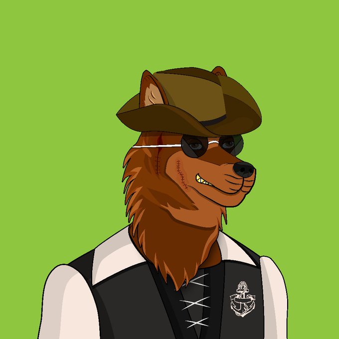 The image shows a cartoon brown bear wearing a brown cowboy hat and sunglasses, dressed in a black vest with an anchor emblem, with a scar on its face against a green background—teasing the upcoming NFT mint announced in the post.