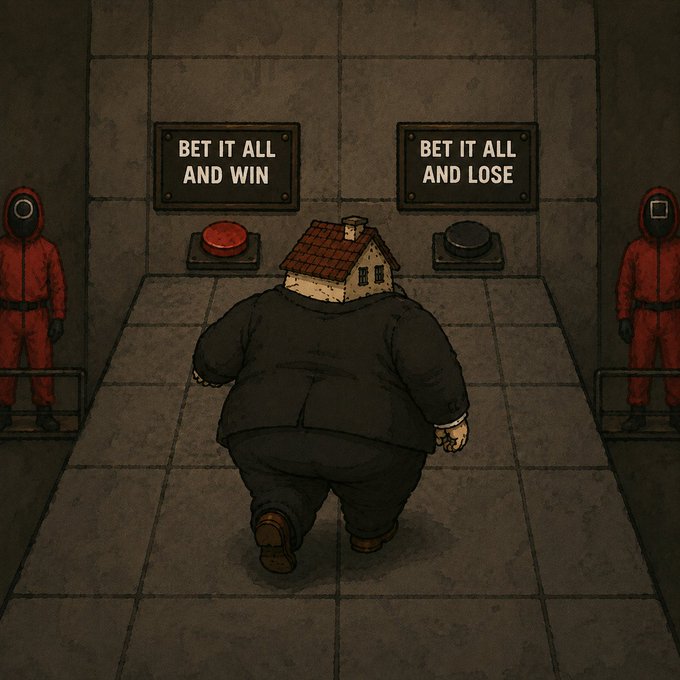 A heavyset man with a house for a head approaches two buttons labeled "BET IT ALL AND WIN" (red) and "BET IT ALL AND LOSE" (black), flanked by two red-suited guards from Squid Game, symbolizing the all-or-nothing gamble of reallocating onchain holdings into a new ecosystem.