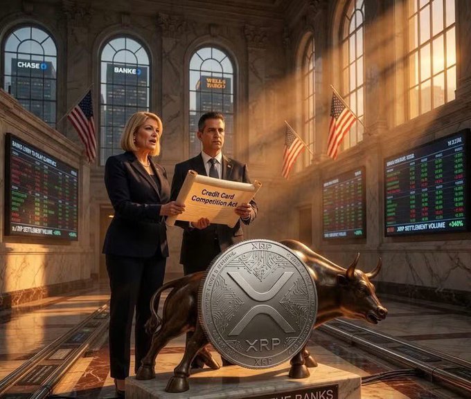 The image depicts Senators Cynthia Lummis and Bernie Moreno holding a "Credit Card Competition Act" document beside a bronze bull statue and an XRP coin, set against a backdrop featuring bank logos (Chase, Bank of America, Wells Fargo), American flags, and stock ticker boards. The visual reinforces the post's "War on the Banks" theme, symbolizing crypto's retaliatory stance against the banking industry amid legislative tensions over the Credit Card Competition Act and the delayed CLARITY Act.
