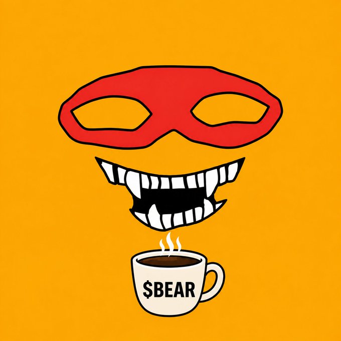 A cartoon-style illustration featuring a red superhero mask, a smiling mouth with fangs, and a steaming coffee mug labeled '$BEAR' on an orange background.