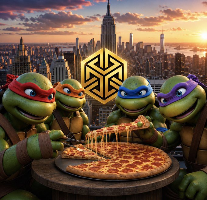 The image shows a cartoon depiction of four turtles sitting around a pizza with various toppings such as pepperoni and mushrooms. The turtles are posing for a picture next to a city skyline in the background, which suggests an urban setting.