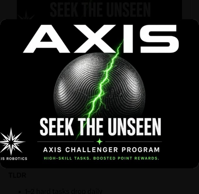 Promotional graphic for the 'AXIS' Challenger Program with the tagline 'SEEK THE UNSEEN' and 'HIGH-SKILL TASKS. BOOSTED POINT REWARDS,' featuring a textured sphere cracked by a green lightning bolt.