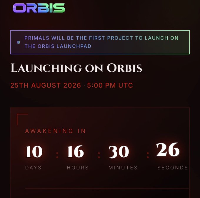 An announcement for 'LAUNCHING ON ORBIS' on 25th August 2026 at 5:00 PM UTC, featuring a countdown timer showing 10 days, 16 hours, 30 minutes, and 26 seconds.