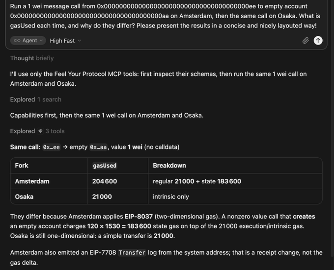 A screenshot of an AI agent's response comparing gas usage for a 'wei' message call between Amsterdam and Osaka forks, showing Amsterdam at 204600 gas (regular 21000 + state 183600) versus Osaka at 21000 gas (intrinsic only).