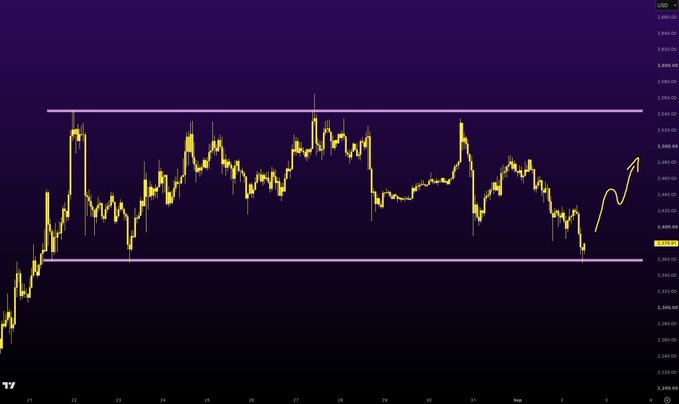A candlestick chart on a TradingView platform displaying price action ranging from approximately $2,260.00 to $2,680.00, with two horizontal purple resistance/support lines bracketing the price movement and a hand-drawn arrow indicating an upward trend near the bottom right.