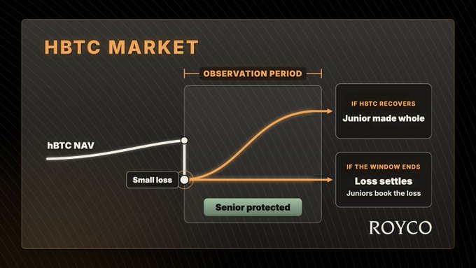 An infographic titled "HBTC MARKET" from ROYCO explains an observation period showing how senior tranches are protected from losses, with outcomes shown for if hBTC recovers or if the window ends.