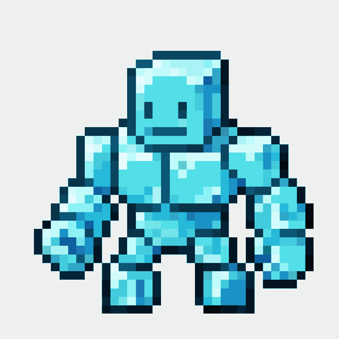 A pixel art illustration of a chunky, light blue armored figure with a simple smiling face, likely representing a glacier-themed warrior or golem. It visually corresponds to the "Glaciarmor #184" NFT mentioned in the post, depicting a frosty, humanoid character made of ice.