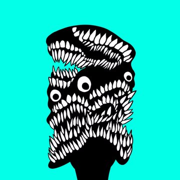 A surreal illustration of a black, S-shaped creature covered in multiple white eyes and sharp teeth against a bright turquoise background.