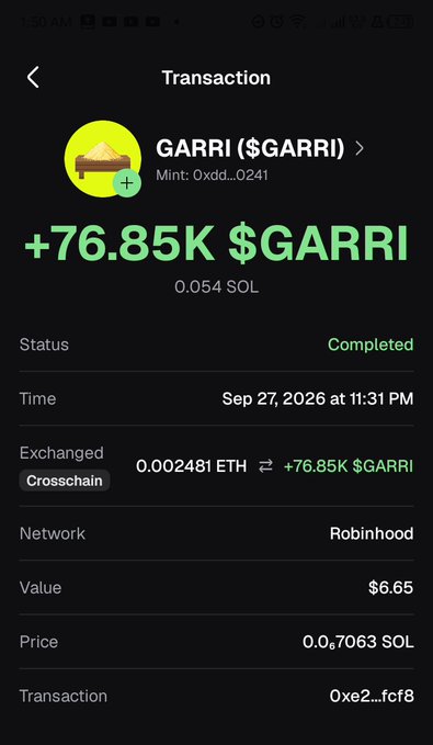 Mobile app transaction screen showing a completed crosschain exchange on the Robinhood network, receiving +76.85K $GARRI for 0.002481 ETH (valued at $6.65) on Sep 27, 2026.