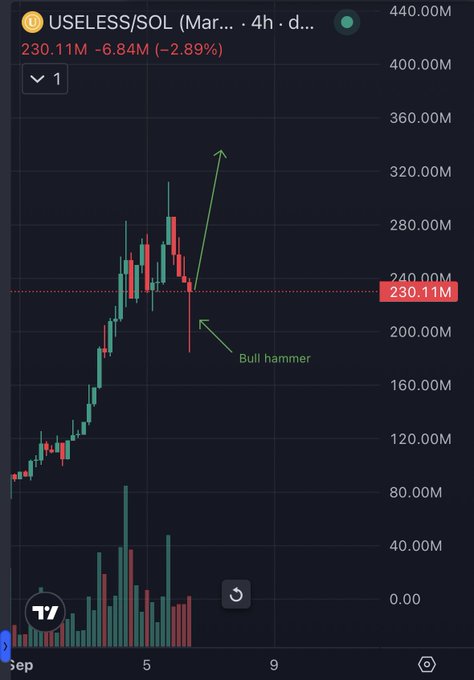 A 4-hour candlestick chart for USELESS/SOL shows a recent price of 230.11M with a -6.84M (-2.89%) change, featuring an annotated "Bull hammer" pattern at the ~200M support level and a green arrow projecting an expected rally toward the 320M–340M range. The chart visually reinforces the post's bullish thesis, highlighting the hammer candlestick as a reversal signal to send price back toward recent highs.