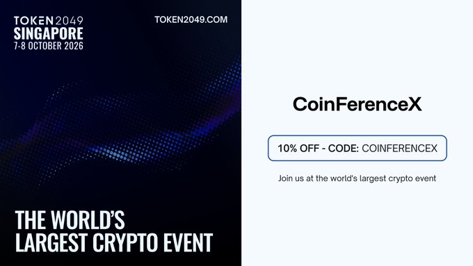 An advertisement for TOKEN2049 Singapore (7-8 October 2026) featuring 'The World's Largest Crypto Event' tagline, with a 'CoinFerenceX' discount code offering 10% off.