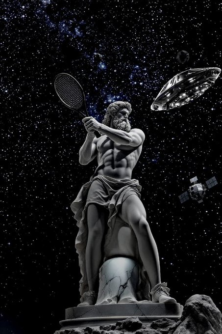A dramatic black-and-white composite image features a classical statue of a bearded, muscular figure wielding a tennis racket as if to serve, set against a starry cosmic backdrop with a UFO and satellite floating nearby. No text or numbers are visible.