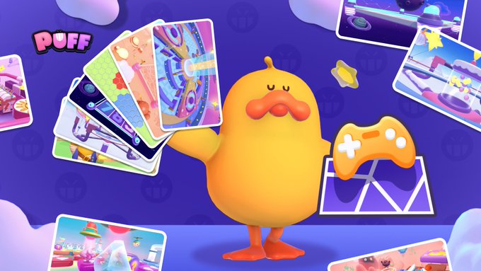 A cute yellow cartoon duck character holds a fanned-out deck of colorful game cards and an orange game controller, surrounded by floating map previews and the "PUFF" logo, visually showcasing the diverse PuffGo game maps and gameplay highlights that the post promotes for PuffTown's starter series on skill-based earning.