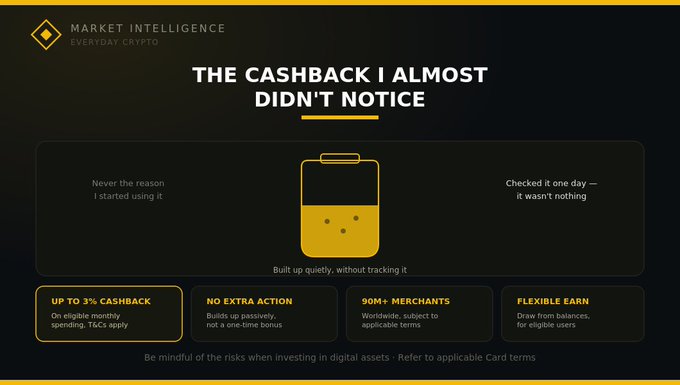 A 'MARKET INTELLIGENCE EVERYDAY CRYPTO' promotional graphic titled 'THE CASHBACK I ALMOST DIDN'T NOTICE' featuring a briefcase icon and benefits like 'UP TO 3% CASHBACK', 'NO EXTRA ACTION', '90M+ MERCHANTS', and 'FLEXIBLE EARN'.