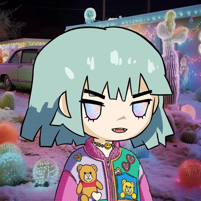 An anime-style illustration of a girl with teal hair, a small topknot, and a colorful jacket with bear patches stands against a glitchy, textured background.