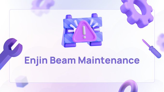 The image is a maintenance announcement graphic for Enjin Beam, featuring a purple 3D illustration of a barrier with a pink warning triangle alongside tools like a wrench and screwdriver, with the text "Enjin Beam Maintenance" prominently displayed—visually reinforcing the accompanying post about temporary unavailability of Beam claims.