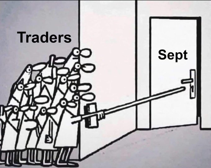A humorous cartoon shows a crowd labeled 'Traders' using a battering ram to break down a door labeled 'Sept'.