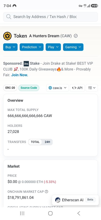 A mobile screenshot of Etherscan showing the 'A Hunters Dream (CAW)' token overview with a max supply of 666,666,666,666 CAW, 27,028 holders, and current price of $0.00.