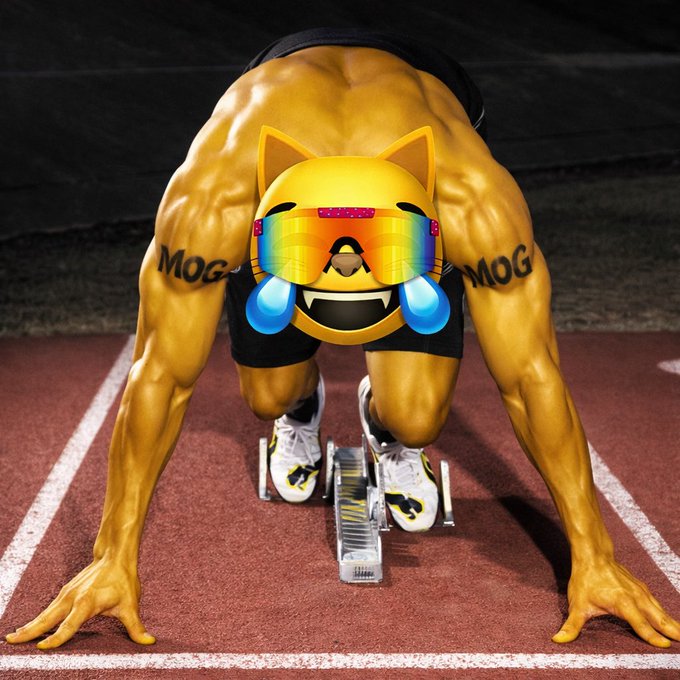 A surreal image of a muscular bodybuilder in a sprinter's starting position on a red track, with a yellow cat emoji wearing rainbow sunglasses crying with tears, and 'MOG' tattooed on both arms.