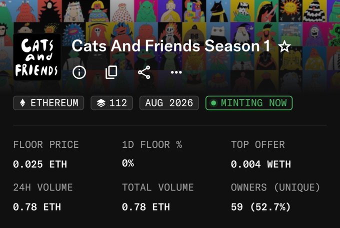Screenshot of the "Cats and Friends Season 1" NFT collection page on Ethereum, currently minting with a floor price of 0.025 ETH, 112 minted out of 333 supply, and 59 unique owners (52.7%). The image supports the post by showing the project's early minting stage, confirming the small supply and active minting status referenced in the user's decision to mint.