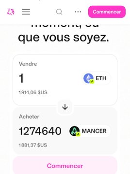 A French cryptocurrency exchange interface showing a swap from 1 ETH ($1914.06) to 1274640 Mancer tokens ($1881.37).
