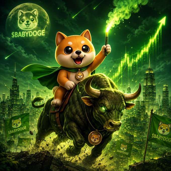 The image features a Shiba Inu mascot wearing a green cape, riding a glowing-eyed bull through a green-tinted cityscape while holding a smoke flare, with "$BABYDOGE" branding on flags and a moon in the background—visually reinforcing the post's bullish sentiment that "delusional bulls will win $BABYDOGE."