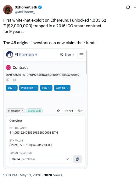 The image shows an email screenshot of a post that includes text about an Etherscan investment platform named "Contract". This screenshot contains an announcement stating that a significant amount, $2 million, has been recovered from a locked ICO contract after 9 years. An important detail in the story is that the developer Florent, identified asDeveloper Florent has finally rescued 1,003 ethers (ETH) worth of coins that were trapped in this ICO agreement for 9 years due to an exploit by the hacker known as "The 48 original investors can now claim their funds". The screenshot appears to be related to a social media post about cryptocurrency and investing.