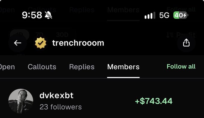 A mobile screenshot of an X (Twitter) community page named 'trenchroom' shows a member 'dvkexbt' with 23 followers and a green gain indicator of '+$743.44'.
