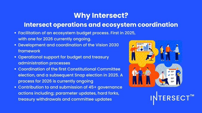 The image shows a blue background with white text that reads "Why intersect? Intersect operations and ecosystem coordination". The text also includes a list of bullet points about the Intersect Governance Coordination Framework, which is used for budget processes and ecosystem coordination.