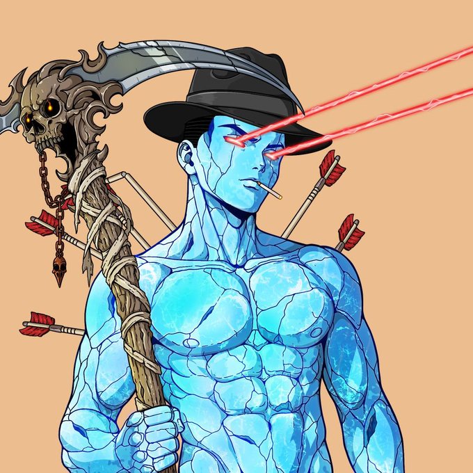 Digital illustration of a blue-skinned muscular man wearing a black fedora, smoking a cigarette, with glowing red laser eyes, holding a scythe with a skull ornament, and arrows piercing his body.