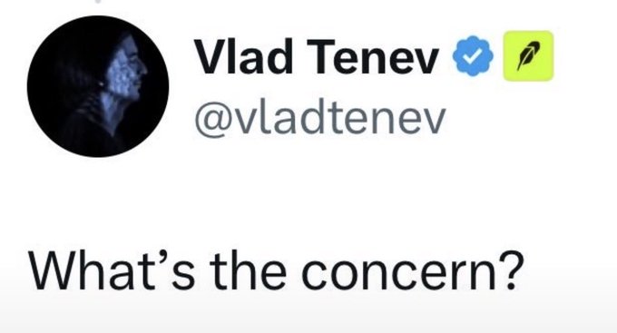 A screenshot of a tweet/X post by Vlad Tenev (@vladtenev) with the text 'What's the concern?'