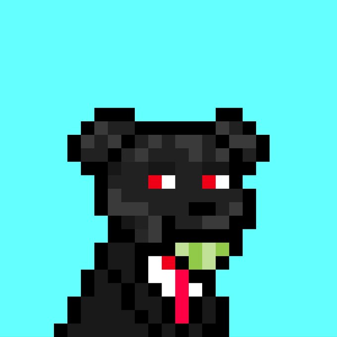 A pixel art illustration of a black bear character with red eyes holding a red and white candy cane and a green object, set against a bright cyan background.