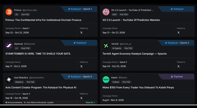 Dark-themed dashboard displaying Katalyst airdrop campaigns from projects including Primus, XO, Starket, TermiX, Axis Robotics, and Kalshi, with campaign dates and X platform tags.