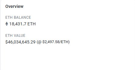 An Ethereum wallet overview showing an ETH balance of 18,431.77 ETH with a corresponding value of $46,034,645.29 at a rate of $2,497.58 per ETH.