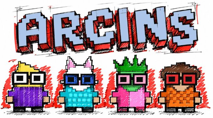 A pixel-art style illustration with the word "ARCINS" in large graffiti-style letters above four colorful pixelated characters wearing sunglasses.