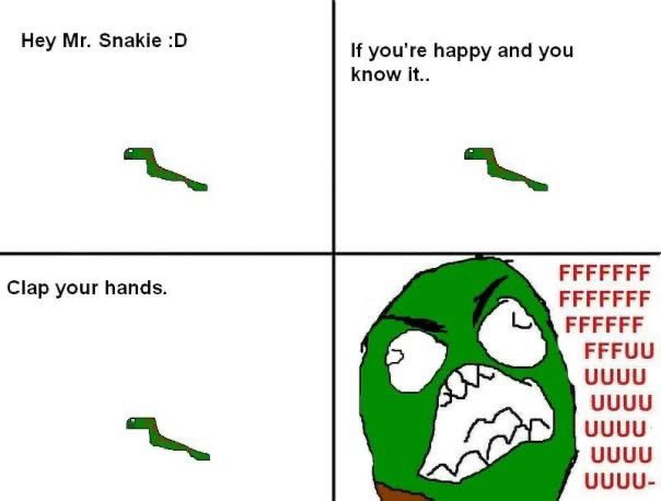 A four-panel rage comic featuring a small green snake and a screaming green Pepe the Frog meme, with text like 'Hey Mr. Snaakle :D' and 'FFFFFFF'.