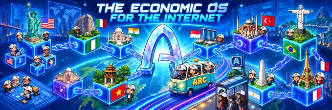 A vibrant promotional banner reading 'THE ECONOMIC OS FOR THE INTERNET' featuring cartoon characters traveling between country landmarks like the Statue of Liberty, Taj Mahal, and Christ the Redeemer in a blue van labeled 'ARC'.